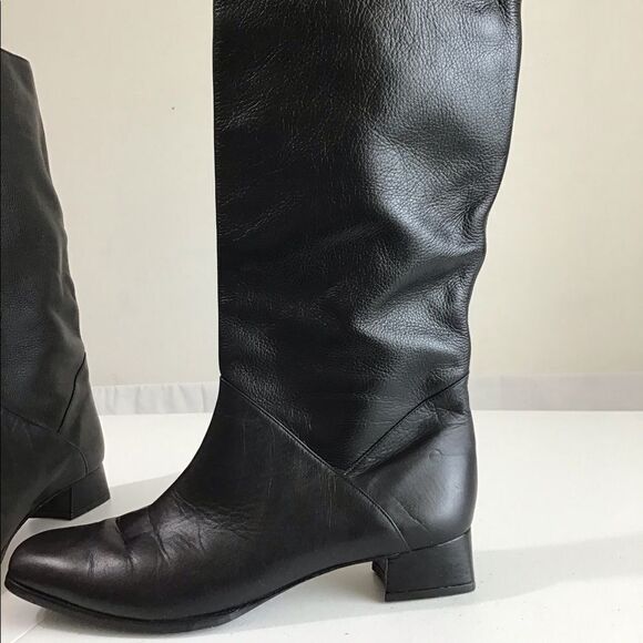 SIAMANTO Knee High Black Leather Riding Boots Pull-On Block Heel Boots Size 91/2 - Picture 4 of 16